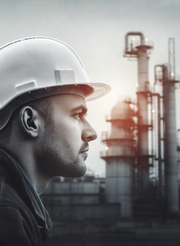 Gesicht eines Mannes und im Hintergrund eine große Fabrik